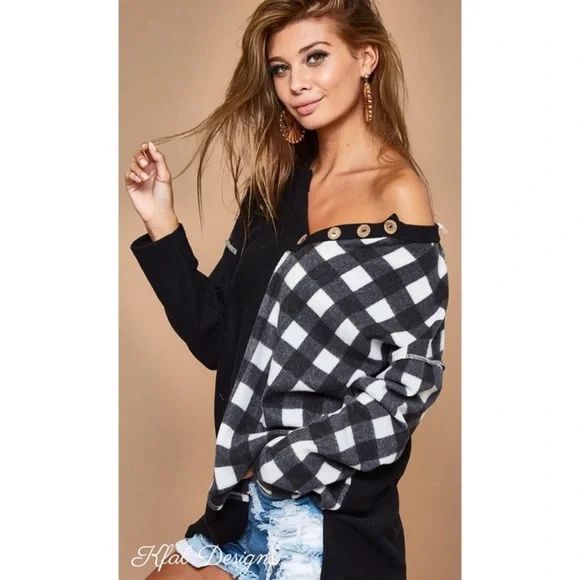 BiBi V-Neck Brushed Knit Dropped Shoulder Plaid Color Block PulloverTop Black - Picture 10 of 16